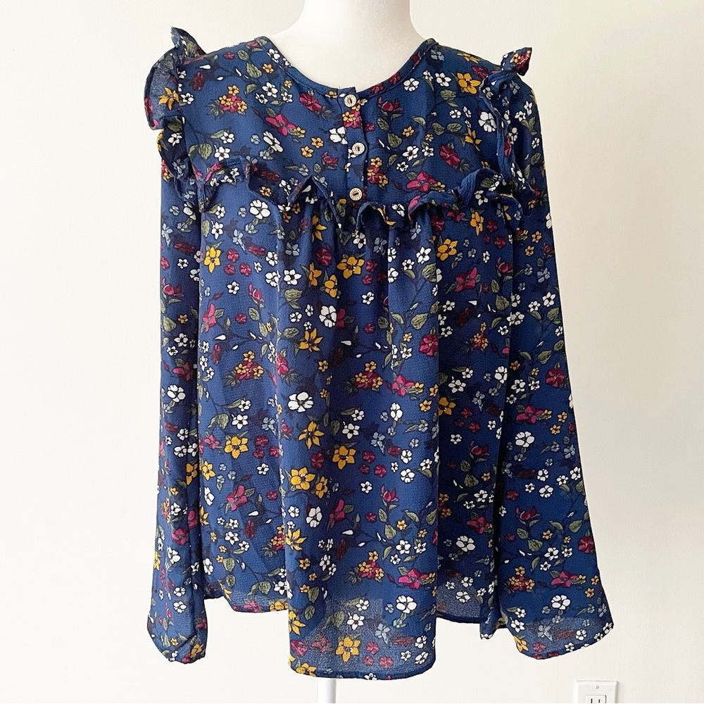 Flamingo | Blue/Multi Floral Ruffle Detail Long Sleeve Blouse